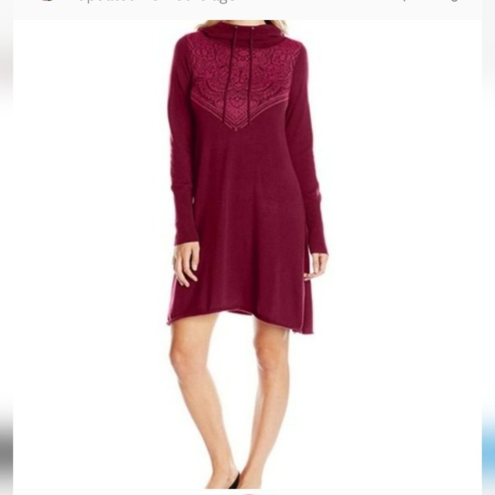 Prana Red Ribbed Mock Neck Long Sleeve Sweater Dress
